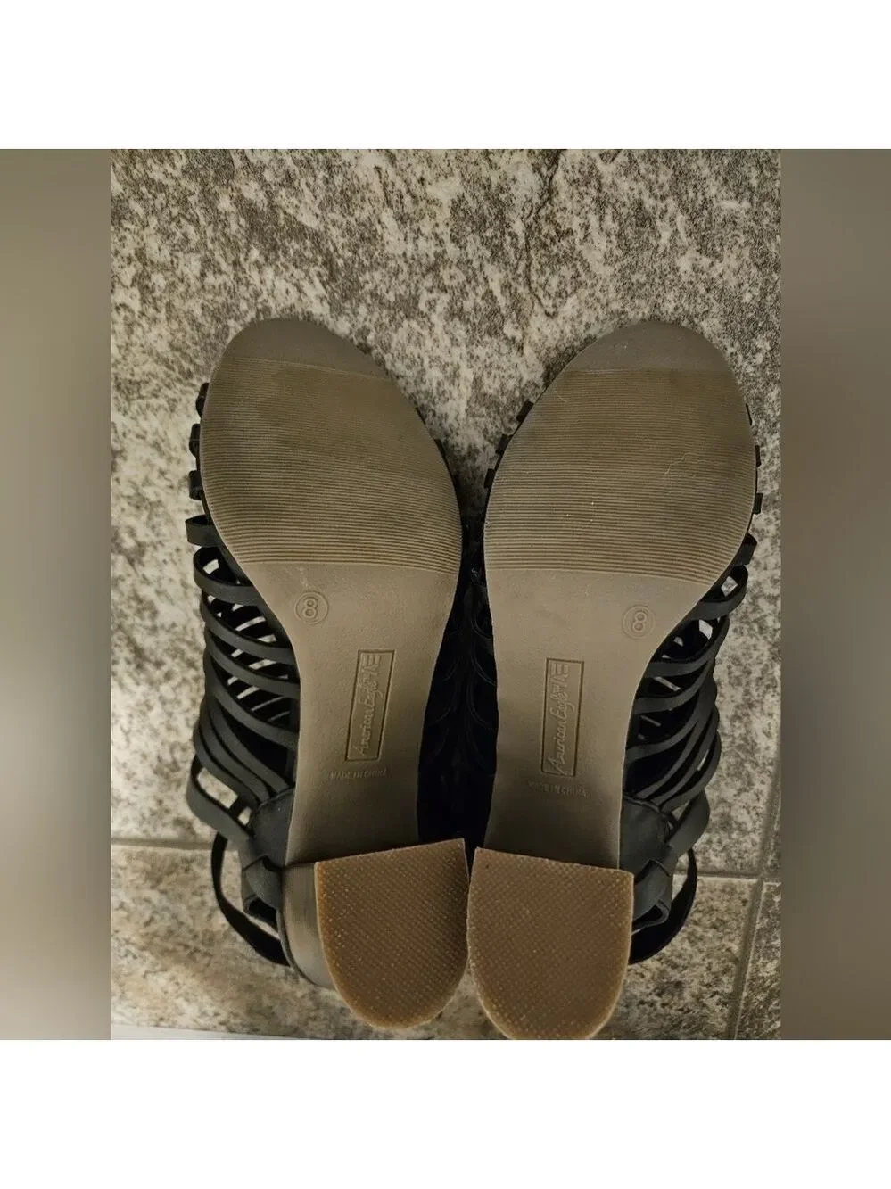 AMERICAN EAGLE BLACK FAUX LEATHER PEEPTOE STRAPPY HIGH BLOCK HEEL SANDALS SIZE 8